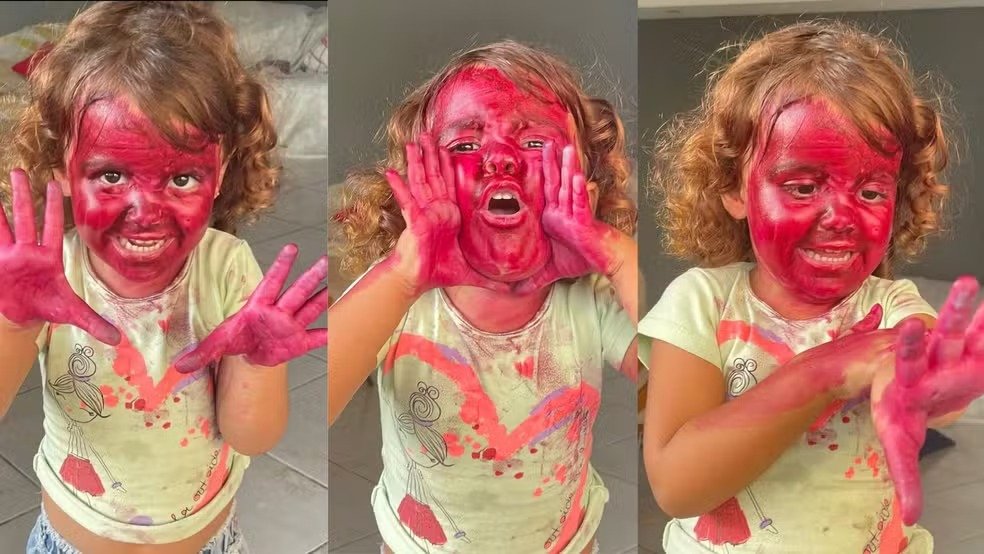 Menina de 3 anos suja o rosto inteiro com batom da mãe e viraliza: ‘Mais de 10h para tirar tudo’