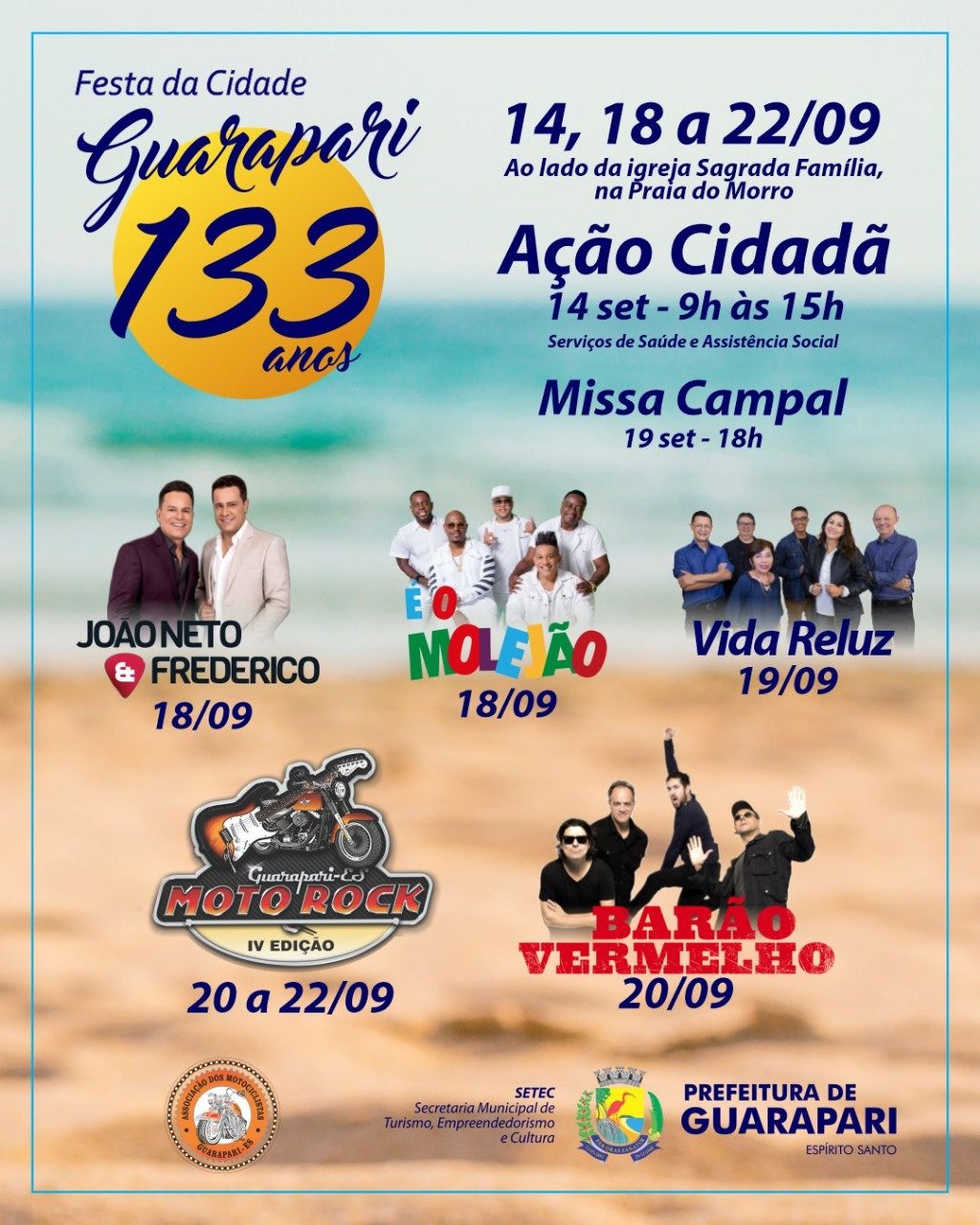 Festa da Cidade terá shows de João Neto e Frederico, Barão Vermelho e Molejo, em Guarapari